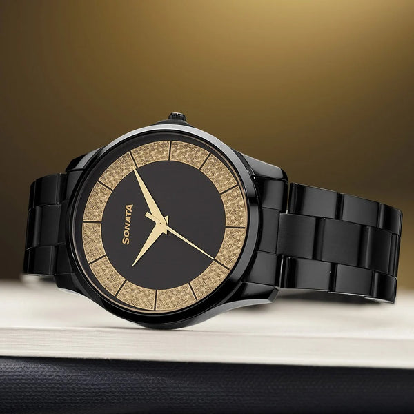 Sonata Traditional Essentials Quartz Analog Multicoloured Dial Black Metal Strap Watch For Men