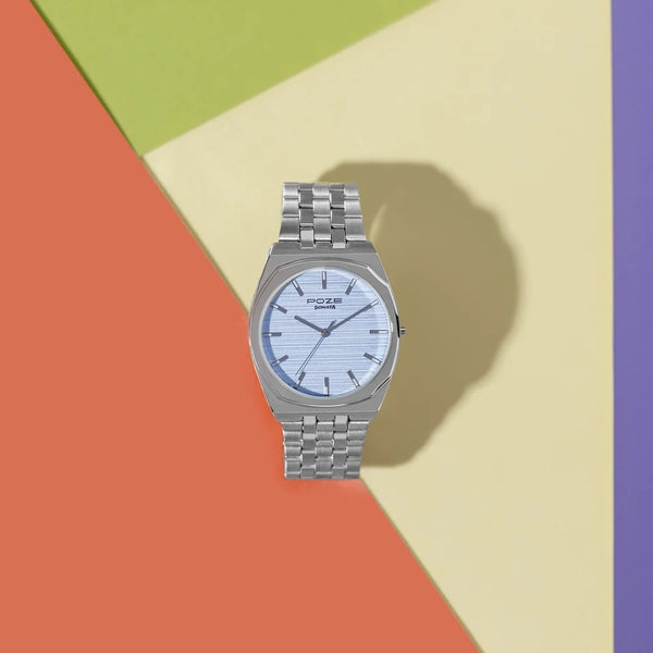 Sonata Poze Quartz Analog Blue Dial Silver Colour Stainless Steel Strap Watch For Men