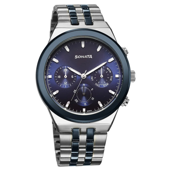 Sonata Eternia Quartz Multifunction Blue Dial Metal Strap Watch For Men