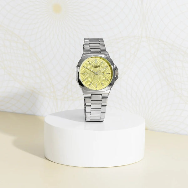 Sonata Poze Quartz Analog Yellow Dial Silver Colour Stainless Steel Strap Watch For Men