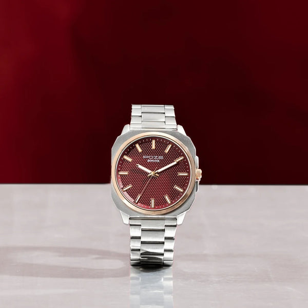 Sonata Poze Quartz Analog Red Dial Silver Metal Strap Watch For Men