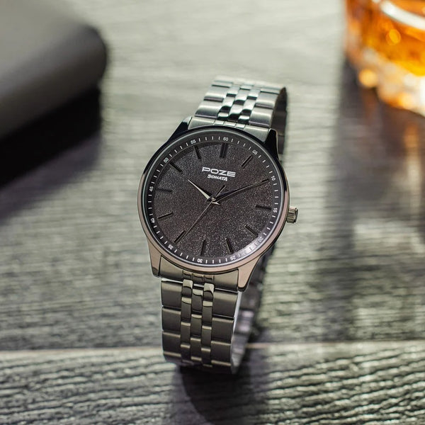 Sonata Poze Quartz Analog Black Round Dial Black Stainless Steel Strap Watch For Men