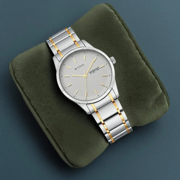 Titan Lagan White Dial Analog with Day and Date Metal Strap Watch for Men