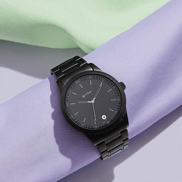 Titan Minimals Quartz Analog with Date Black Dial Black Metal Strap Watch For Men