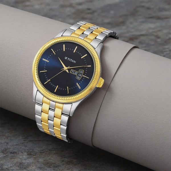Titan Men's Trendsetter Watch: Chic Blue Dial & Two-Tone Strap