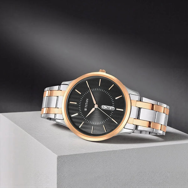 Titan Karishma Quartz Analog Black Dial Two Toned Stainless Steel Strap Watch For Men