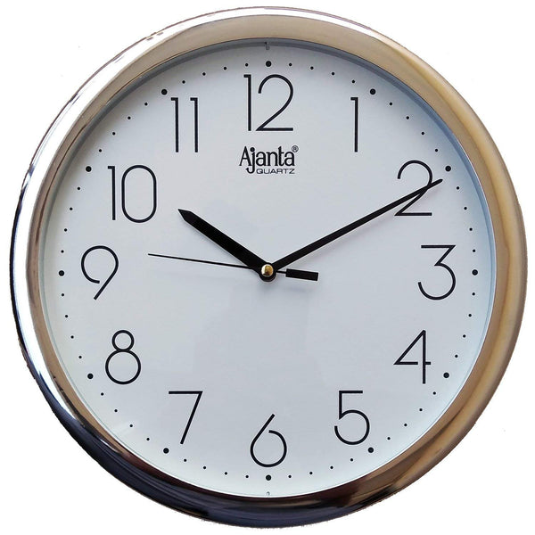 Ajanta Designer Plastic Small Round Battery Operated Analog Wall Clock with Large Numbers (26 X 26 X 3.3 Cm, Quartz, Silver)